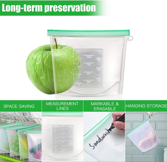 【Upgrade】 Reusable Extra Thick Silicone Food Storage Bags - 6 Packs Zipper Freezer Bags For Marinate Meats Sandwich, Snack, Cereal,Fruit Meal Prep, Leakproof, Dishwasher-Safe Lunch Storage Bags