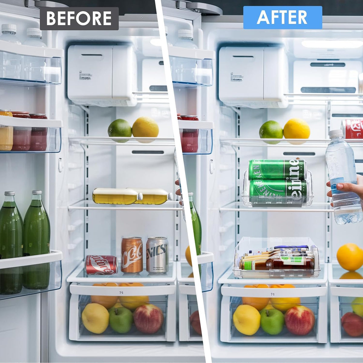2 Pack Clear Width Adjustable Soda Can Organizer for Refrigerator Expandable Soda Cans Dispenser for Beer Seltzer Pop Can Drink Organizer for Fridge Kitchen Pantry