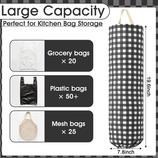 Gingham Plastic Bag Holder, Wall Mount Grocery Bag Storage Organizer, Hanging Buffalo Check Plaid Trash Bags Dispenser for Farmhouse Home Kitchen Pantry Laundry Room Decor(Milkshake Tan)