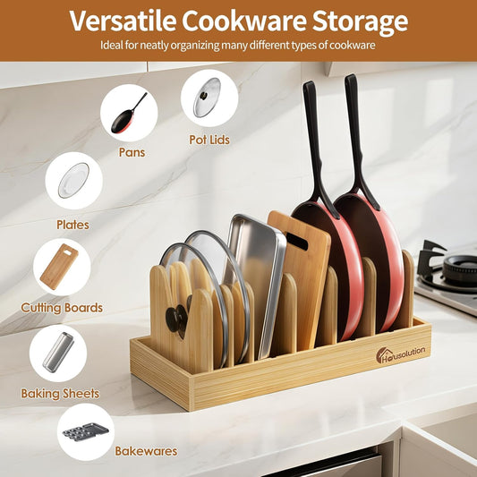 Bamboo Pot and Pan Lid Organizer Holder Storage Rack | 15"-29" Expandable, 10 Adjustable Dividers, Upgrade Solid Wooden Base, Easy Assembly