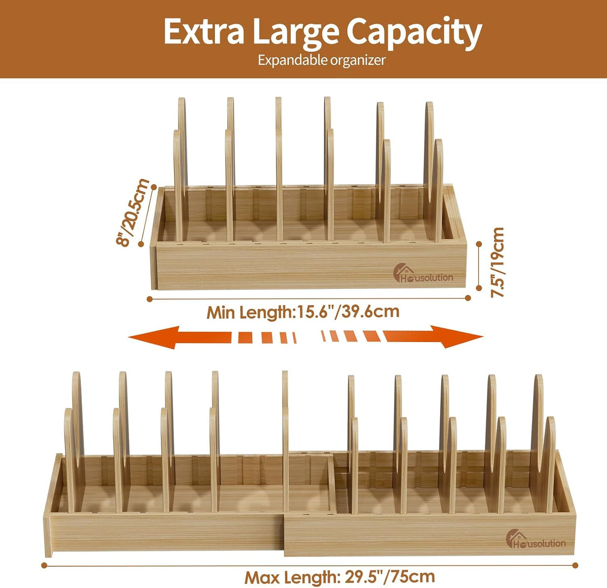 Bamboo Pot and Pan Lid Organizer Holder Storage Rack | 15"-29" Expandable, 10 Adjustable Dividers, Upgrade Solid Wooden Base, Easy Assembly
