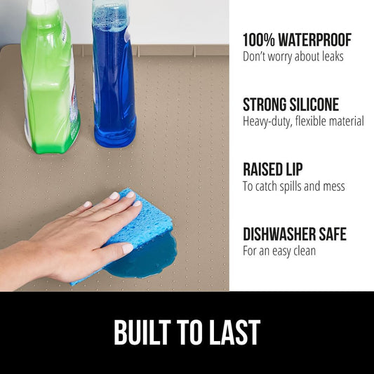 Waterproof Silicone Under Sink Mat, Stay in Place, 34x22 Gray | Raised Lip for Kitchen and Bathroom, Cabinet Shelf Liner, Dishwasher Safe Drawer Liner, Organizer Tray