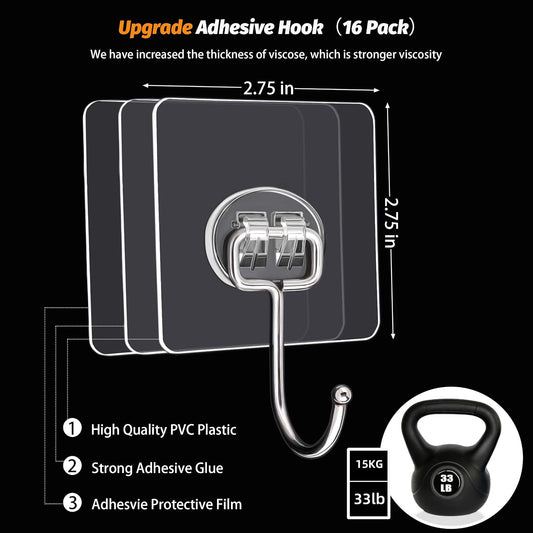 Adhesive Hooks 16 Pack 33lb Heavy Duty Waterproof