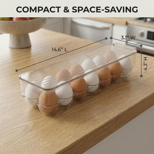 American Dream Fridge Bin Egg Holder for Refrigerator, 14-Egg Storage Container with Lid, Stackable BPA-Free Plastic Organizer Tray for Kitchen Fridge – Clear