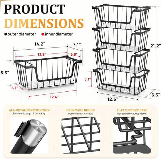 Stackable Storage Bins 4 Pcs Wire Baskets Freezer Organizer, Black | Pantry Organizers Storage, Vegetable Fruit Storage Basket for Countertop, Kitchen Baskets for Onion Potato Snack Cans Storage