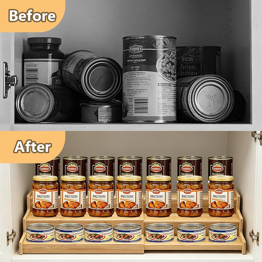 Expandable Bamboo Can Organizer for Pantry, 3-Tier Adjustable Pantry Organizers and Storage, Spice Rack Organizer for Cabinet, Cup Organizer