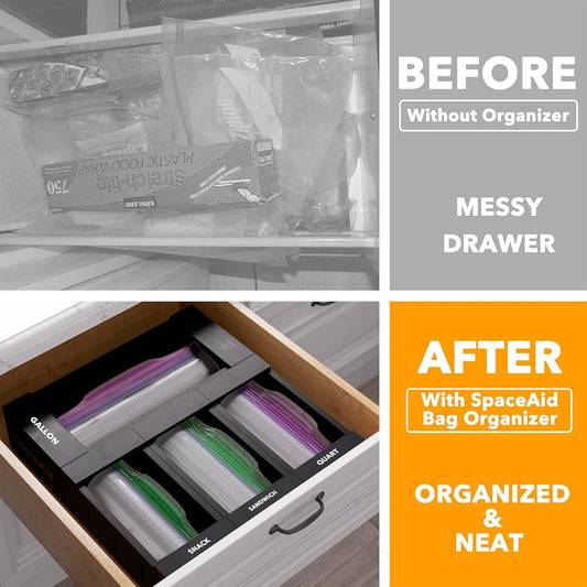 Bag Storage Organizer for Kitchen Drawer, Bamboo Organizer, Compatible with Gallon, Quart, Sandwich and Snack Variety Size Bag (4 Pack)