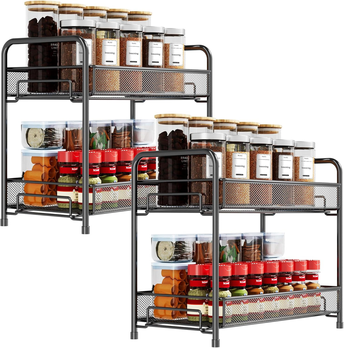 Spice Rack Organizer for Countertop, 2-Tier Foldable Metal Rust-Proof Standing Large Seasoning Storage Shelf with Guardrail and Mesh Design for Kitchen Cabinet Bathroom Living Room Pantry, Black