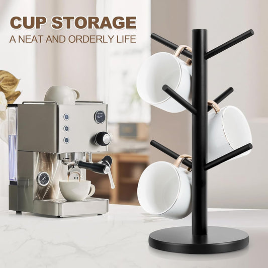 Wood Mug Holder Tree with 6 Hooks for Countertop