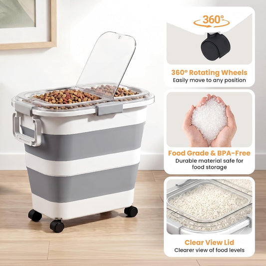 30 Lbs Rice Container, Collapsible Dog Food Storage Container | Airtight Cat Food Container with Wheels, Transparent Lid, Measuring Cup, Scoop and Handle, BPA Free for Pet Food, Bird Seed