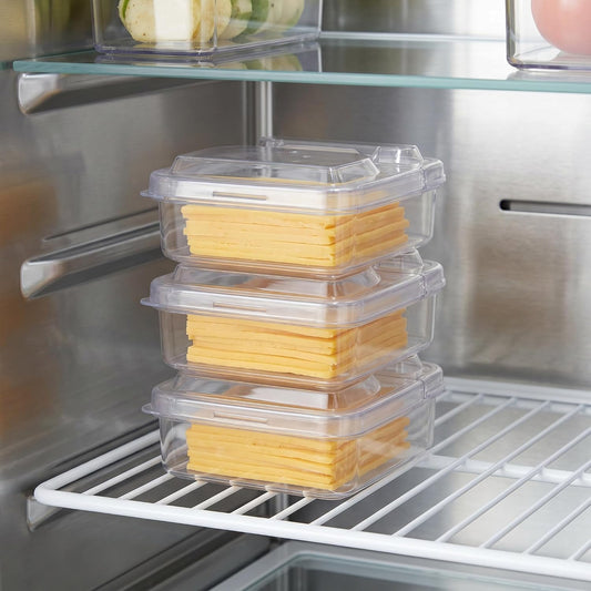 3 Pack Cheese Containers for Fridge, Clear Flip Lid Stackable Storage Boxes