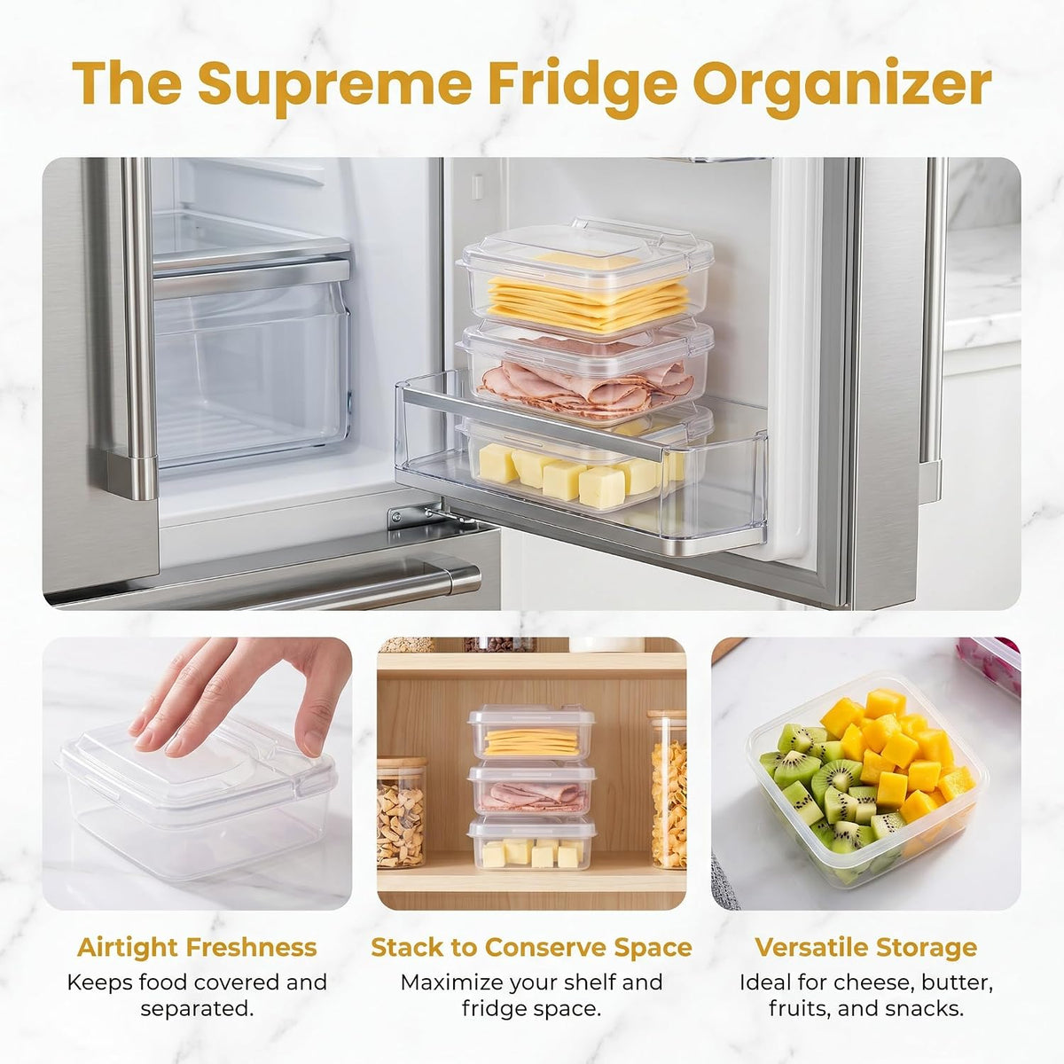 3 Pack Cheese Containers for Fridge, Clear Flip Lid Stackable Storage Boxes