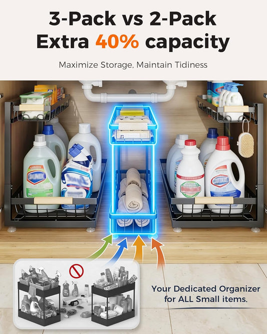 3 Pack Under Sink Organizer, Height Adjustable 2 Tier Pull-Out Metal Under Kitchen Sink Organizer, Multi-Purpose Storage Shelves for Kitchen Bathroom Cabinet, Black