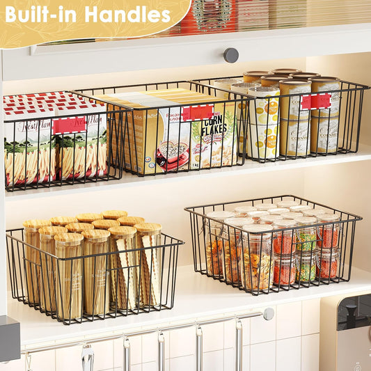 Metal Wire Basket Pantry Baskets Foldable Cabinet Organizers with Handles-6 Pack-12"x9"x6", Food Storage Freezer Organizer Bins for Kitchen Bathroom Laundry Closet Garage - Patent Design