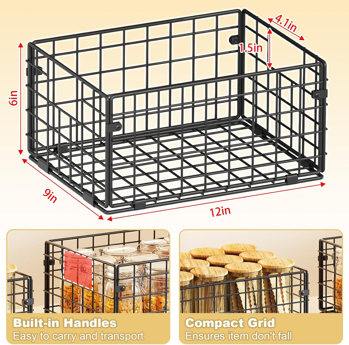 Metal Wire Basket Pantry Baskets Foldable Cabinet Organizers with Handles-6 Pack-12"x9"x6", Food Storage Freezer Organizer Bins for Kitchen Bathroom Laundry Closet Garage - Patent Design