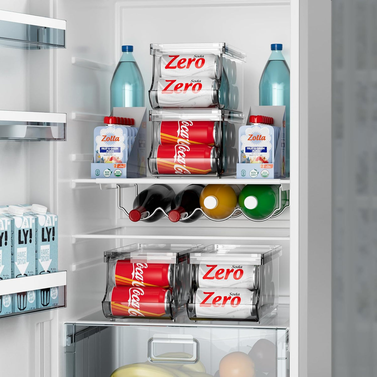 Set of 2 Stackable Drink Can Organizer for Fridge, Freezer, Kitchen, Countertops, Cabinets - Soft Drink Holder for Refrigerator with Lid, Soda Can Dispenser, BPA Free, Holds 9 Cans Each