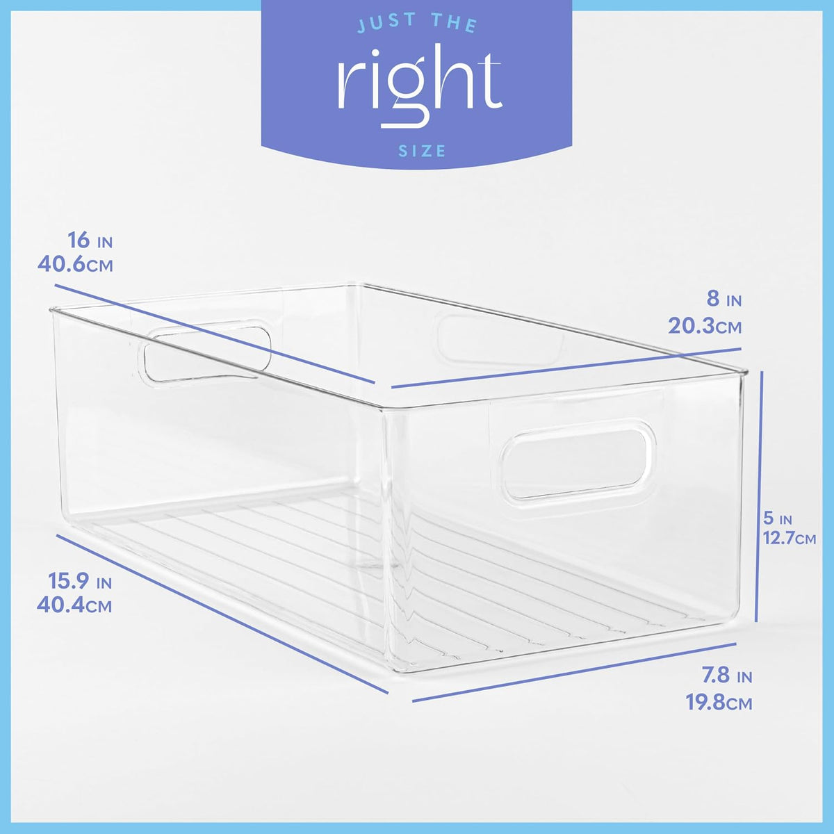 Plastic Food Storage 2 Pack Clear Container Bin with Handles for Organizing Kitchen, Pantry, Refrigerator, Freezer, Pantry, Cabinet, Closet, Bathroom. 16”x6”x5”