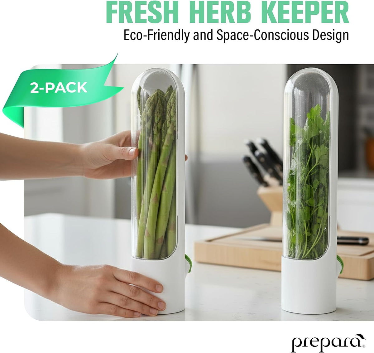 Herb Savor Pod 2.0 Storage Container - White, Set of 2 | BPA Free Plastic Fresh Herb Keeper, Fridge Door Design, Pouring Spout, Hinged Door, Dishwasher Safe, 3.2" x 2.6" x 11.3"