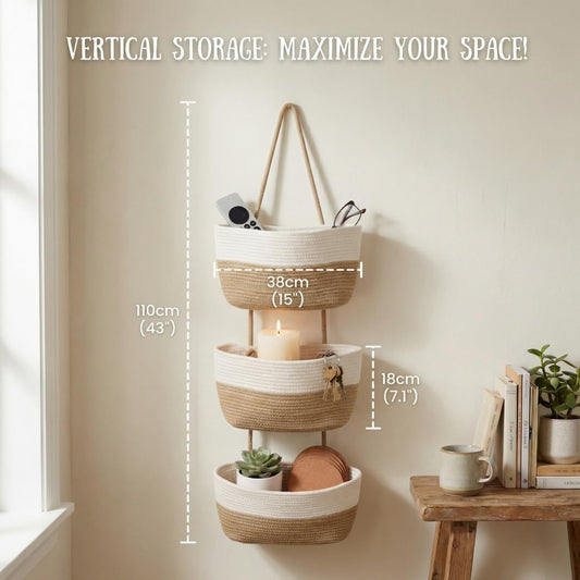 Hanging Basket, Woven 3 Tier Over Door Basket with 4 Hooks