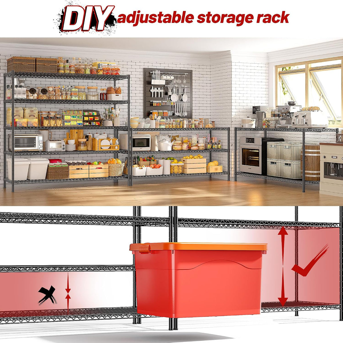 3200LBS Storage Shelves 55.5" W Garage Shelving Heavy Duty 5 Tier Adjustable Wire Shelving Unit Metal Shelving for Garage Pantry Commercial Basement,55.5" W X 18''D X 71" H