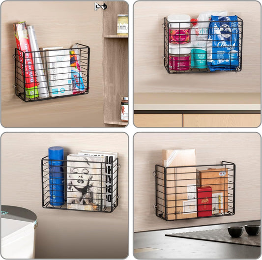 Wall Mounted Storage Basket, Black Metal Wire Kitchen Wrap Organizer Rack, Heavy Duty Hanging Basket for Cabinet Door, Pantry, Cutting Boards, Foil, and Cleaning Supplies