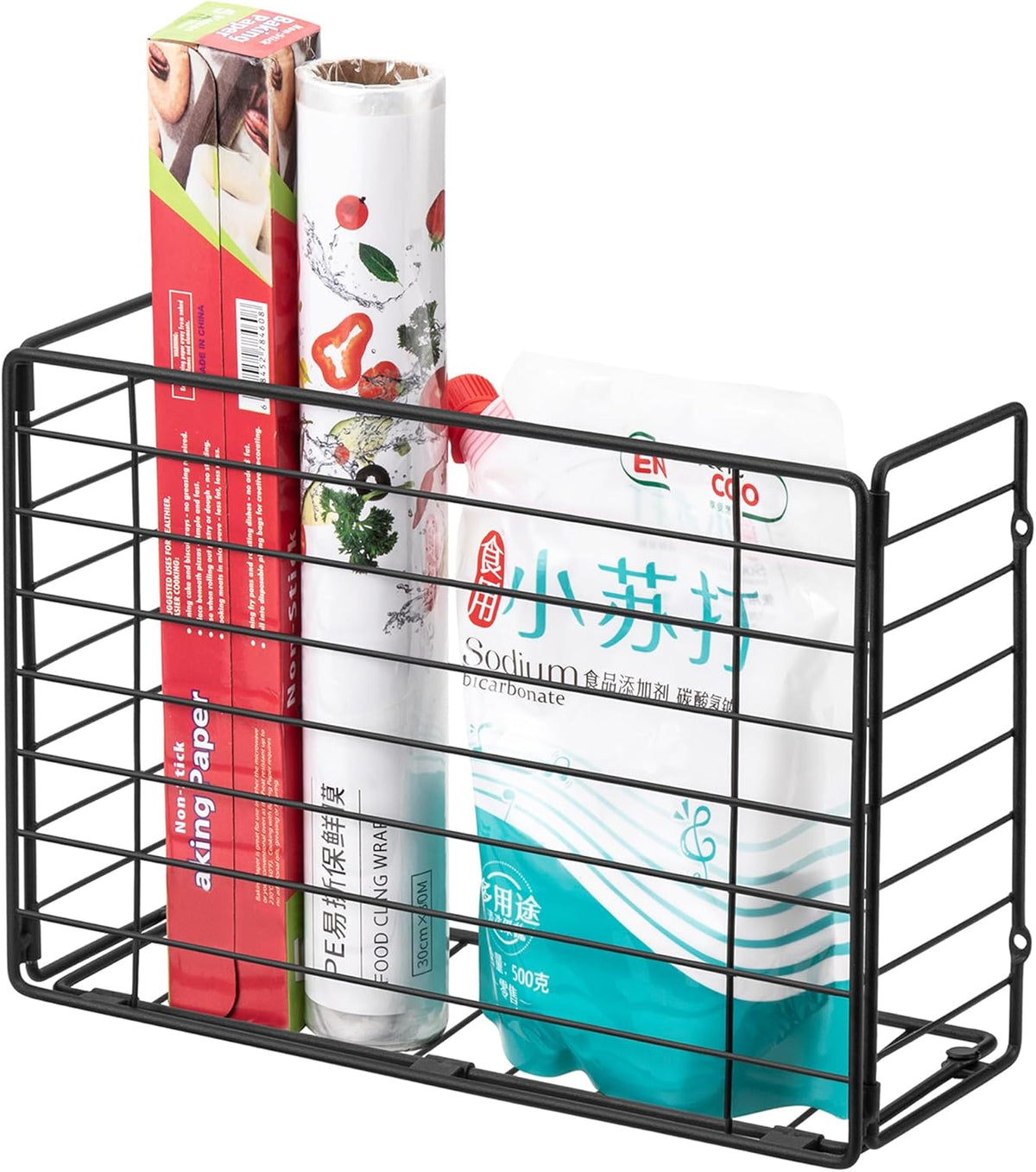 Wall Mounted Storage Basket, Black Metal Wire Kitchen Wrap Organizer Rack, Heavy Duty Hanging Basket for Cabinet Door, Pantry, Cutting Boards, Foil, and Cleaning Supplies