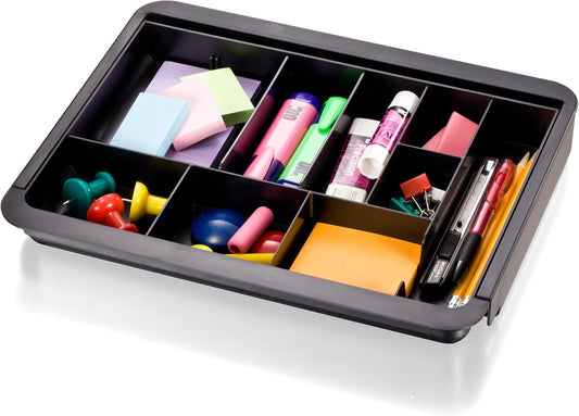 Expandable Drawer Organizer Tray, Adjustable 10.3"–16" Width, Customizable Compartments with Dividers, Recycled Plastic, Black