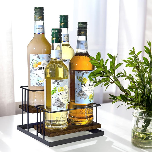 J Coffee Syrup Bottle Holder Rack, Rustic Wood and Black Metal Wire 2 Tier 4 Syrup, Wine, Dressing Bottle Countertop Display Storage Stand for Kitchen Coffee Bar- MK816E