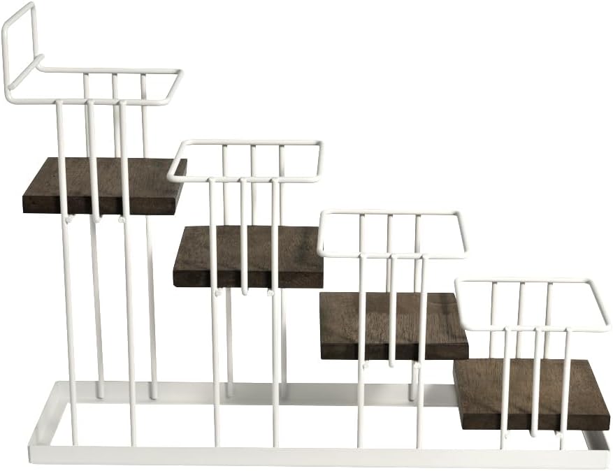 J Coffee Syrup Bottle Holder Rack, Rustic Wood and Black Metal Wire 2 Tier 4 Syrup, Wine, Dressing Bottle Countertop Display Storage Stand for Kitchen Coffee Bar- MK816E
