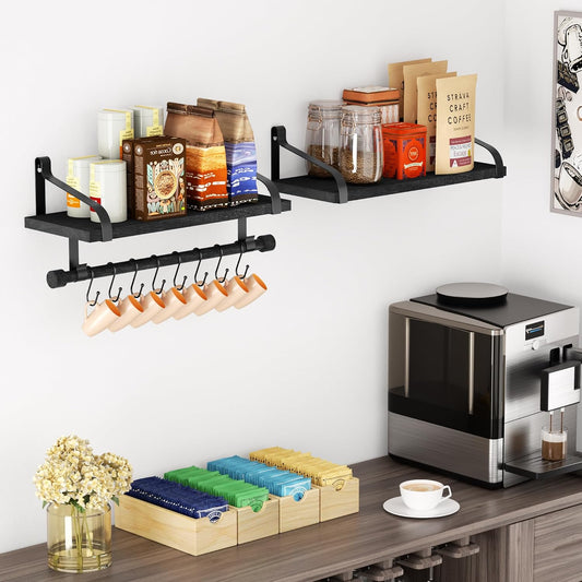 17.3"Floating Wall Shelves Set of 2,Solid Wood,Coffee Bar,Black