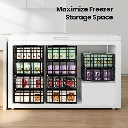 Reinforced Freezer Organizer Bins, Stackable Deep Freezer Metal Baskets | Heavy Duty Wire Basket; with Handles; Maximize Chest Freezer Space;