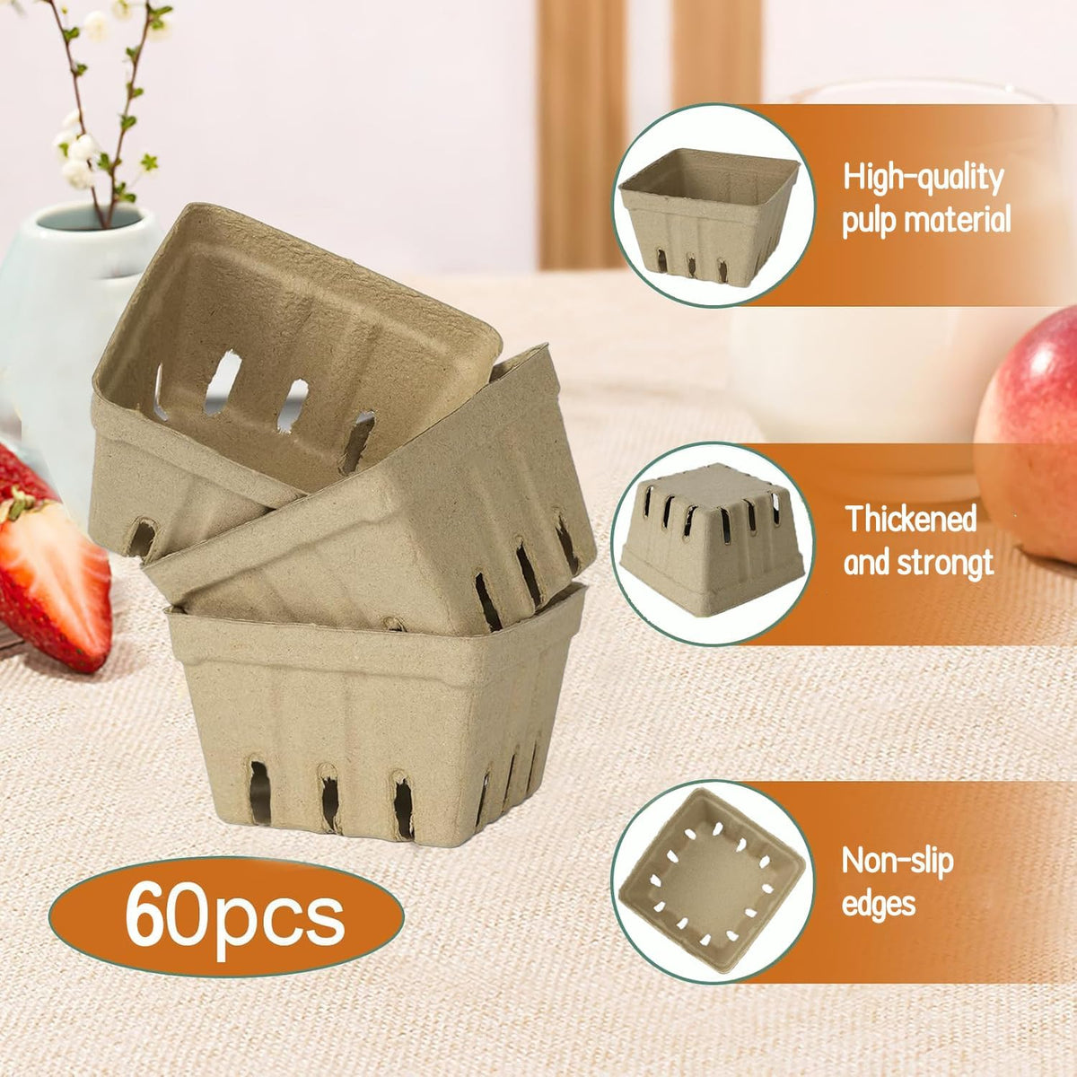 30 Pack Natural Pulp Fiber Berry Basket, Molded Produce Vented Basket Kitchen Supplies for Strawberry Blueberry Raspberry, fruit baskets,berry containers,strawberry basket,berry,farmers market stand