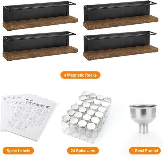 Magnetic Spice Rack with 24 Jars, 216 Labels, 1 Steel Funnel for Refrigerator,Microwave Oven - Full Set of Spice Organizer