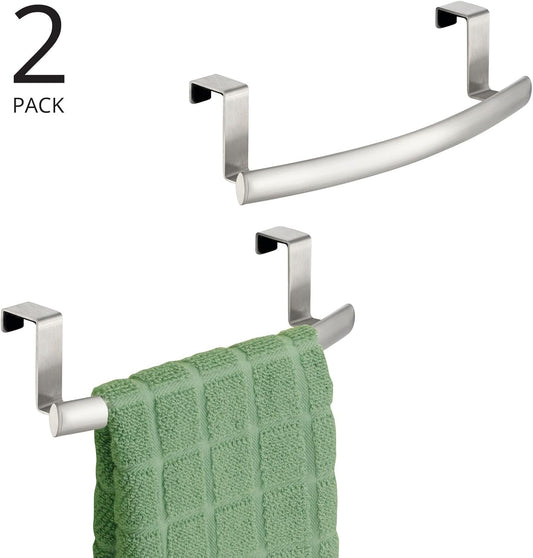 Steel Over Door Curved Towel Bar Storage, Hanger for Cabinet or Cupboard, Holder Rack for Kitchen, Bathroom - Holds Hand/Dish Towels, Washcloths - Spira Collection - 2 Pack - Brushed Chrome