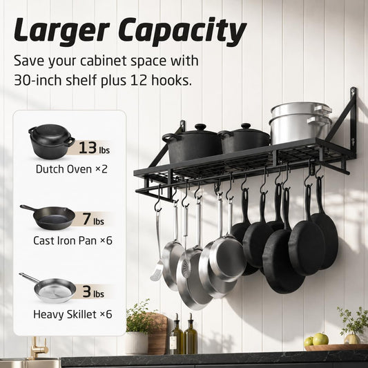 30-Inch Kitchen Pan Pot Rack Wall Mounted, Hanging Storage Organizer