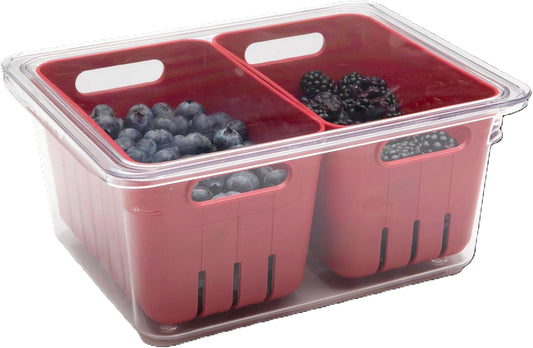 Fruit Berry Vegetable Fridge Storage Container, 2 Baskets | Two removable bins for easy rinsing, Air circulates to keep produce fresher longer, Great for crisper drawers or counters