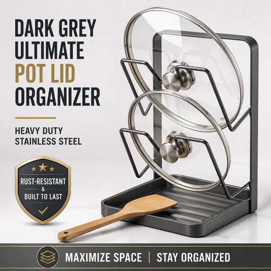 Pot Lid Organizer for Countertop, Heavy Duty Stainless Steel Pan Lid Holder with Spoon Rest & Drip Tray, 2 Tier Space Saving Kitchen Stand for Cast Iron Cover, Dark Grey