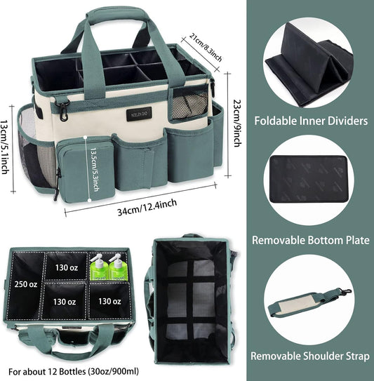 Wearable Cleaning Caddy Bag,Cleaning Supply Tote for Cleaning Supplies, Cleaning Organizer with Adjustable Shoulder and Waist Straps for Cleaners & Housekeepers (Green White, Large)