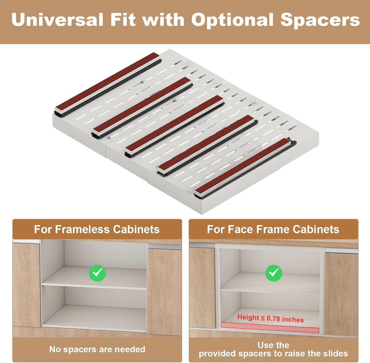 Pull out Cabinet Organizer,Expandable Width(11"-16"),Depth(17"-24") with 3 Rails,Roll out Drawers,No Drill Adjustable Slide out Shelves for Kitchen,Pantry,for Both Lip and Lip-Free Cabinets,White(1PC)