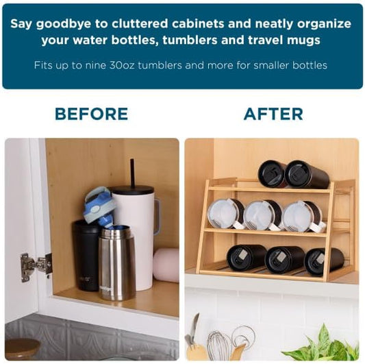 3-Tier Bamboo Water Bottle Organizer Rack - Stackable, Natural Wood Storage for Cabinet & Pantry