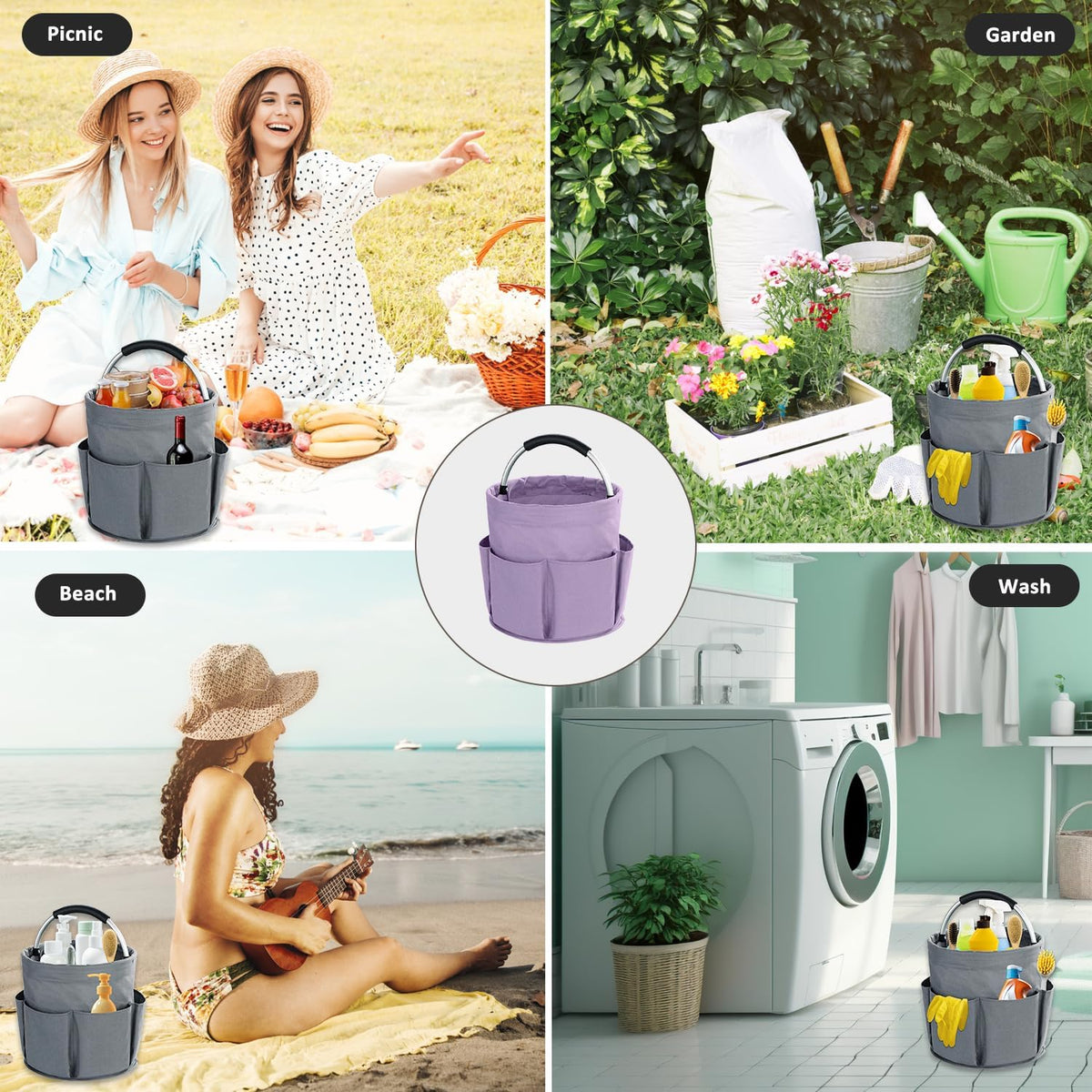 17L Cleaning Caddy with Handle, Cleaning Supplies Organizer, Foldable Storage Basket, Cleaning Supply Caddy, Portable Multi Cleaning Bucket Bag for Home, Garden (Black)