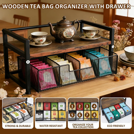 Tea Bag Organizer Holder, Wood Tea Organizers and Storage, 8 Compartments | Tea Box Station Natural Wood & Metal, Tea Storage Chest Container Box for Countertop Kitchen with 4 Hooks