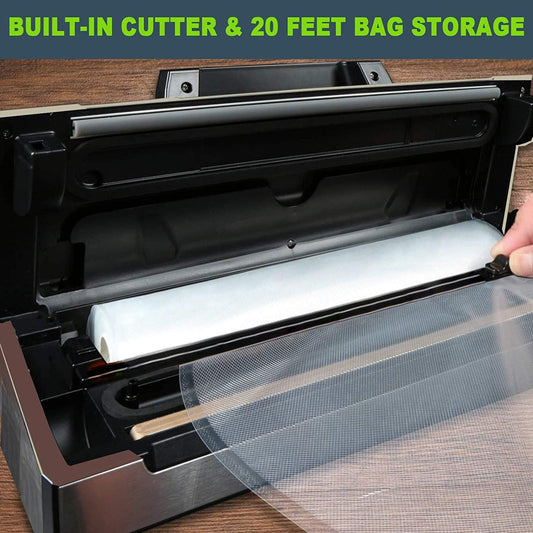 Potane Precision Vacuum Machine,Pro Food Sealer with Built-in Cutter and Bag Storage(Up to 20 Feet Length), Both Auto Manual Options,2 Modes,Includes 2 Bag Rolls 11”x16’ and 8”x16’,Compact Design