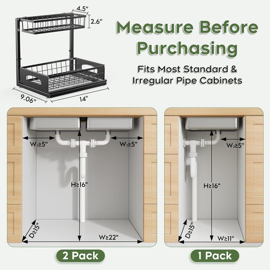 Under Sink Organizer, Cabinet Organizer for Kitchen, Height Adjustable Pull Out Heavy Duty 2 Tier Metal Under Sink Storage for Bathroom Pantry (Black)