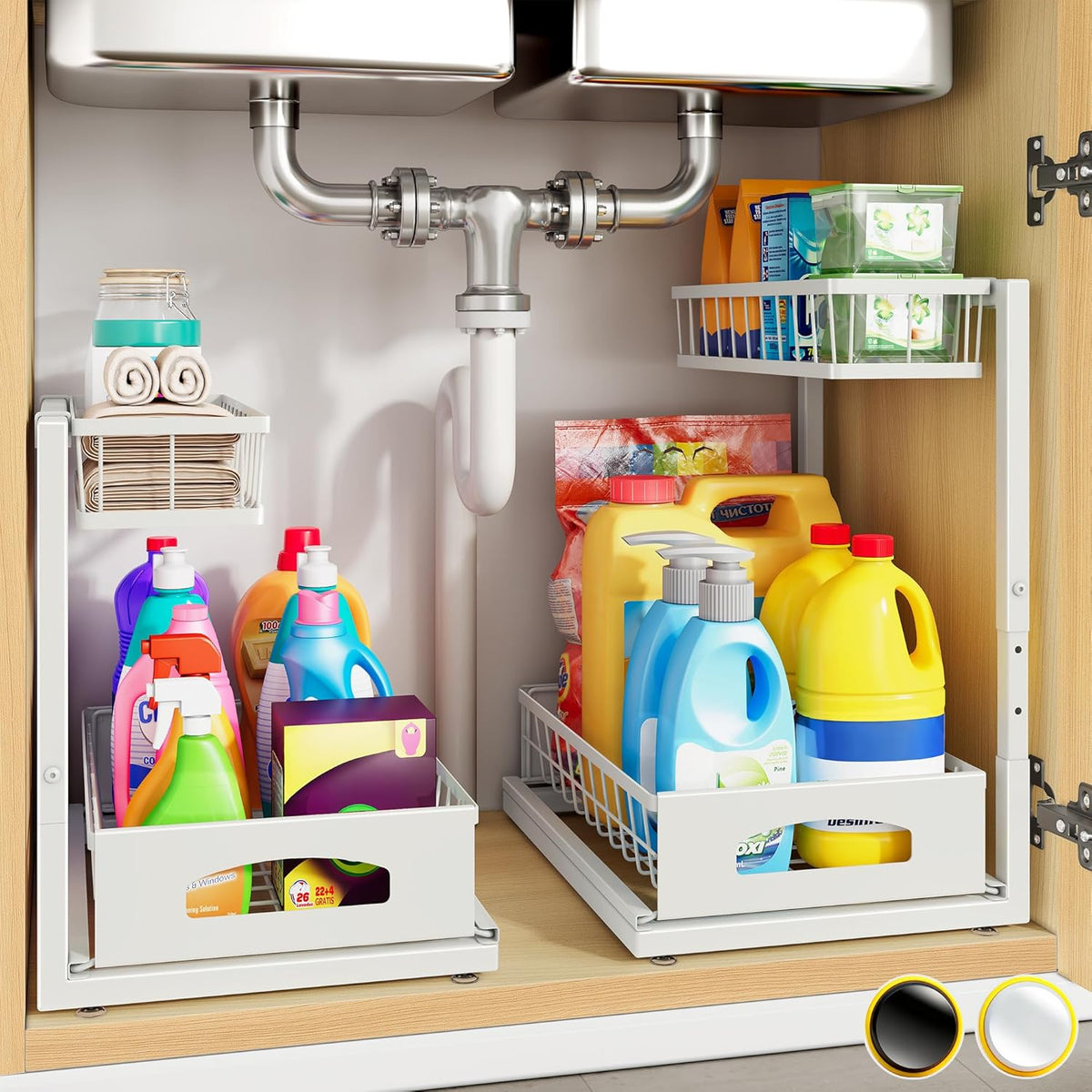 Under Sink Organizer, Cabinet Organizer for Kitchen, Height Adjustable Pull Out Heavy Duty 2 Tier Metal Under Sink Storage for Bathroom Pantry (Black)