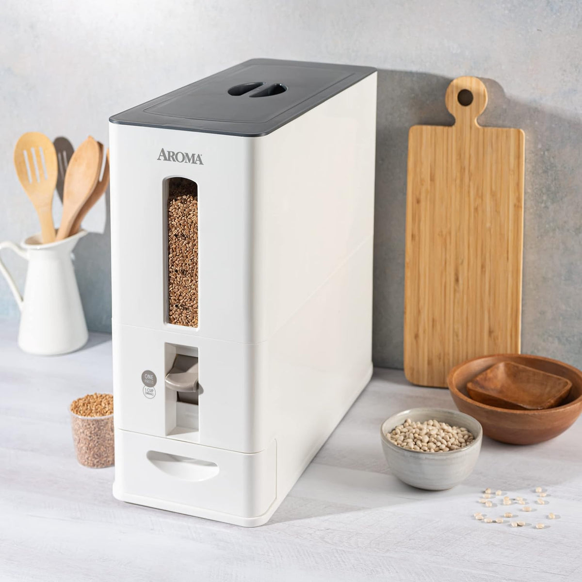 27lbs Large Rice Dispenser, 7.25 x 16.5 x 16.5 inches, White