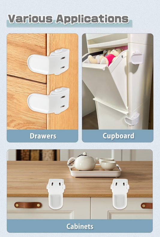 Drawer Locks Baby Proofing, Child Proof Cabinet Locks For 0-12 Month Baby Safety Botton Lock For Drawers Side Furniture Latches Corner Edges (White)