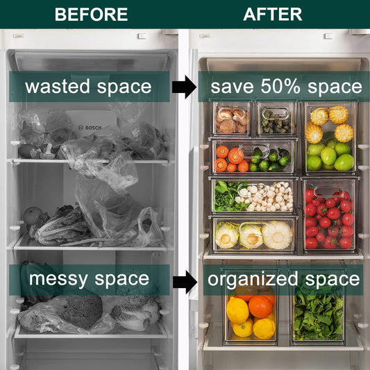 2 Pack Fridge Organizer with Pull-out Drawer, Stackable Freezer Organizer Bin, Pantry Organization and Storage, BPA Free, 3.17QT