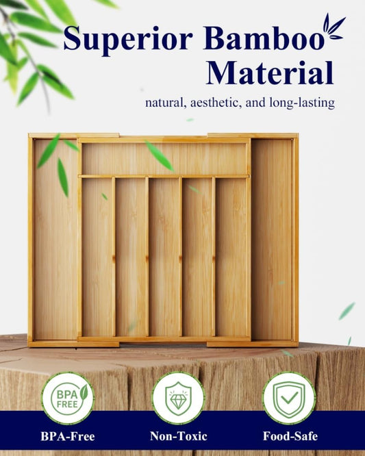 Silverware Organizer, Bamboo Kitchen Drawer Tray, Natural, Large