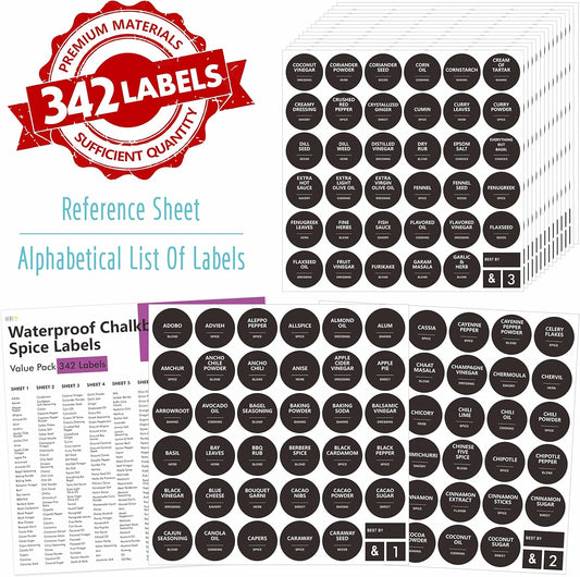 Hebayy 342 Removable Spice Labels,304 Pre-Printed Herb Seeds Seasoning Sauce Oil Vinegar Round Stickers,38 Blank Ones,Waterproof Oil & Tear Resistant,No Residue for Kitchen Pantry Containers Jars